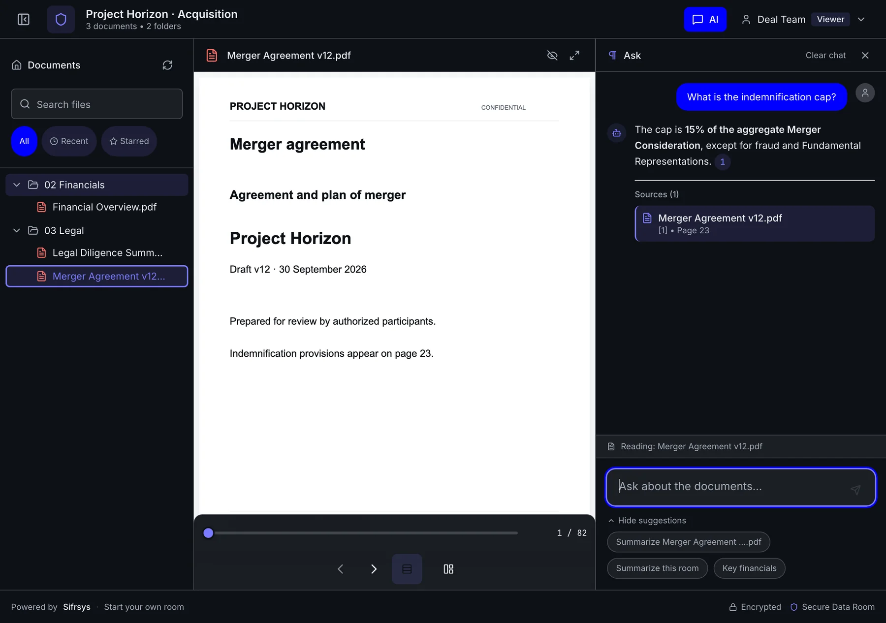 The AI answering 'What is the indemnification cap?' with the figure and a citation to page 23 of the merger agreement
