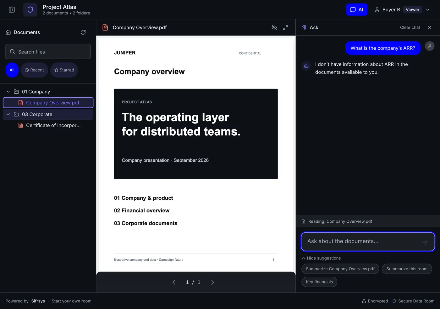 Buyer B's view of the same room: the AI replies that it has no information about ARR in the documents available to this participant