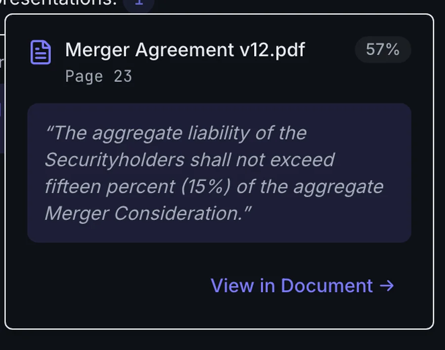The citation behind the indemnification-cap answer: Merger Agreement v12.pdf, page 23