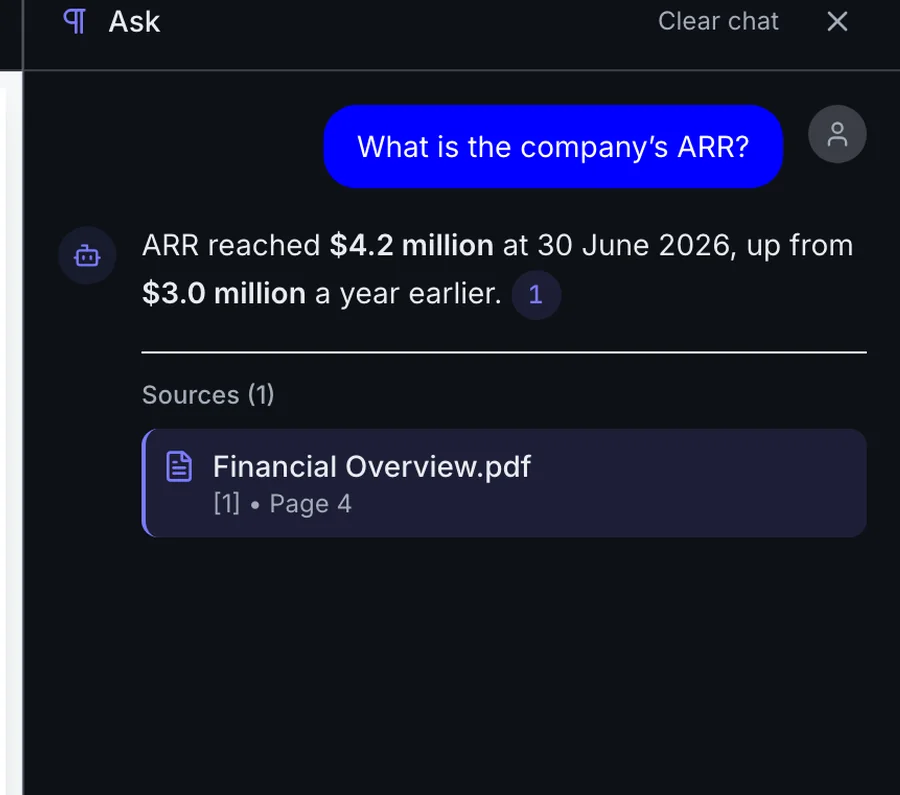 The AI panel for a participant, answering only from the documents that participant may read