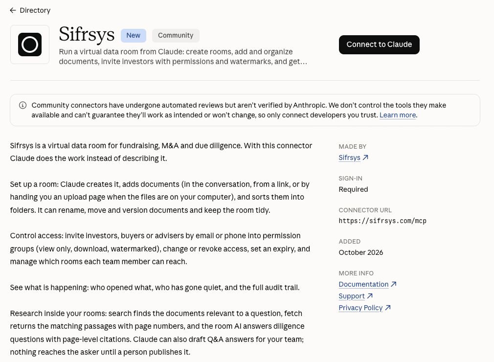 Claude's connector directory page for Sifrsys, marked New and Community, with a Connect to Claude button at the top right. A notice below says community connectors have undergone automated reviews but aren't verified by Anthropic. The side panel lists sign-in as required and the connector URL https://sifrsys.com/mcp.